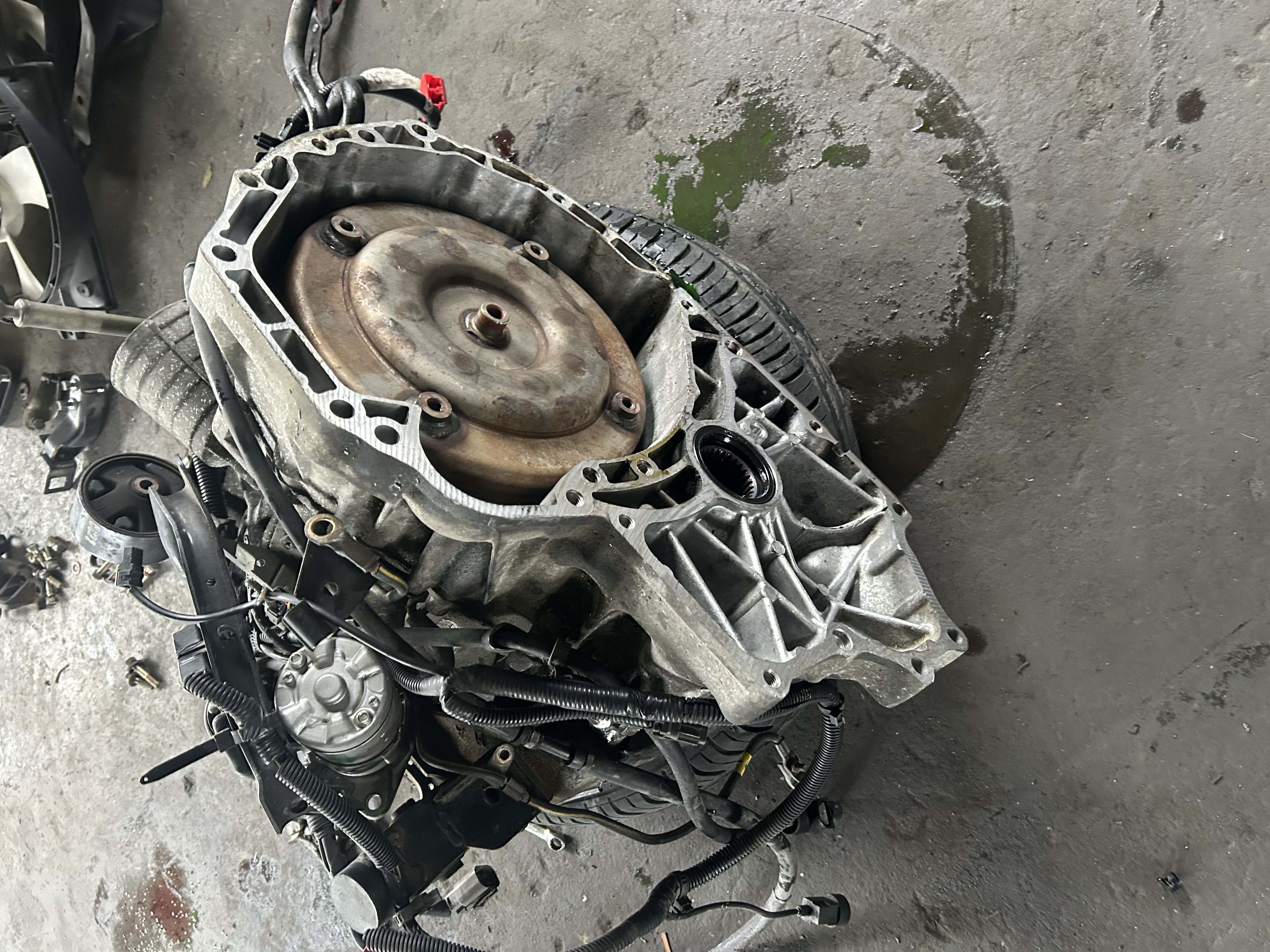 Automatic transmission bellhousing and torque converter interface inspected on the bench.