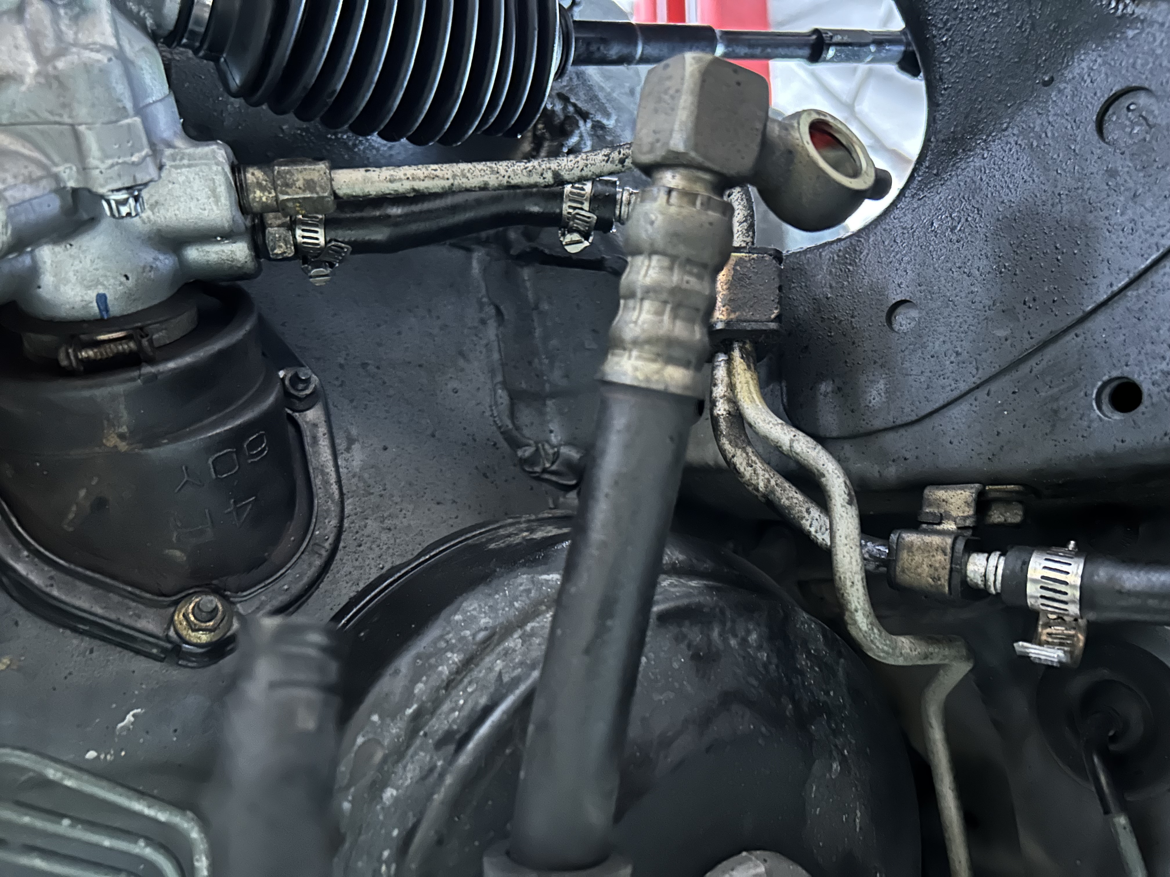 Replacement rubber hose sections installed as part of the power steering overhaul.