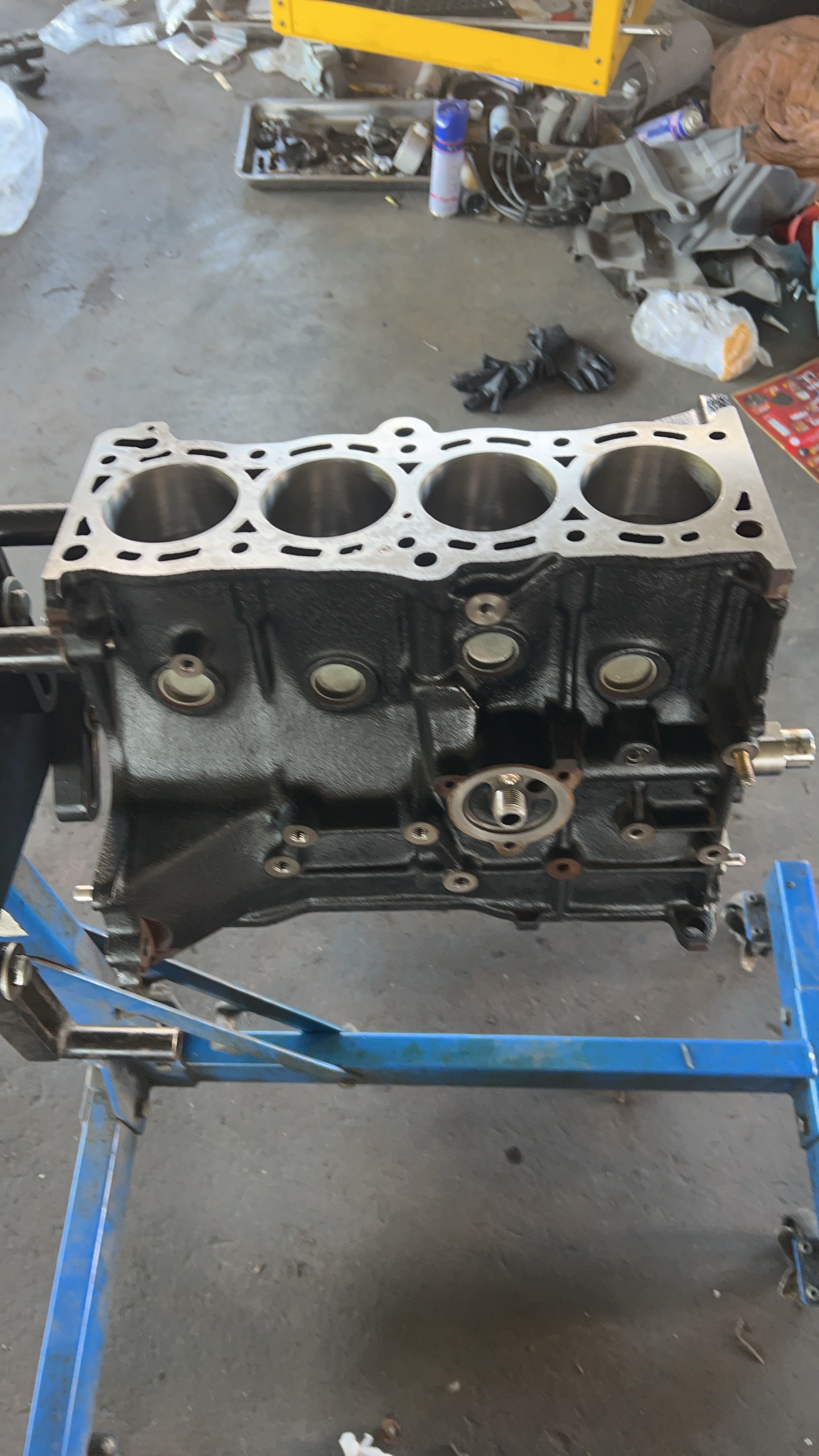 The block was cleaned and prepared before the rotating assembly was installed.