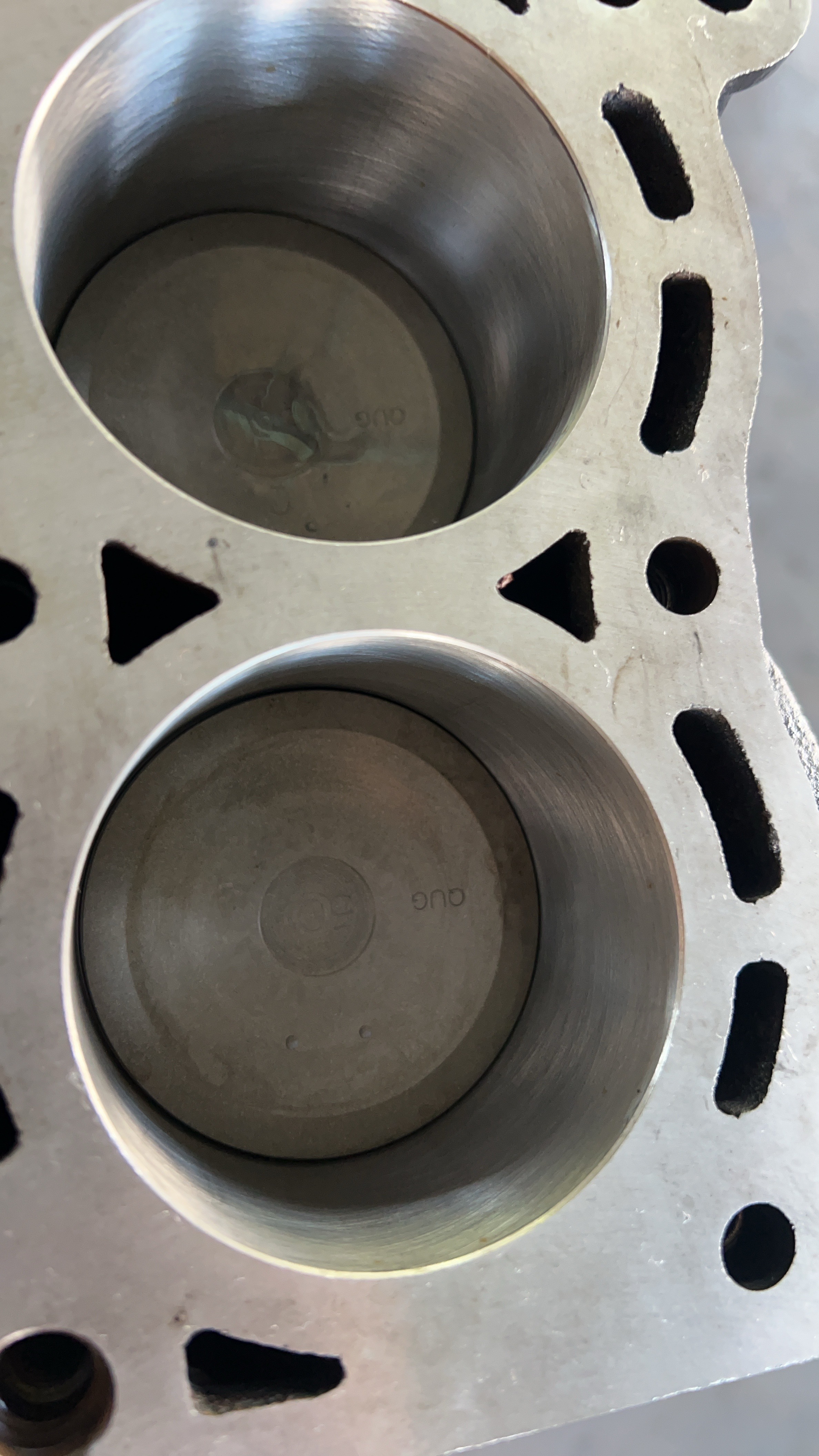 Oversize pistons installed in the freshly machined cylinder bores.