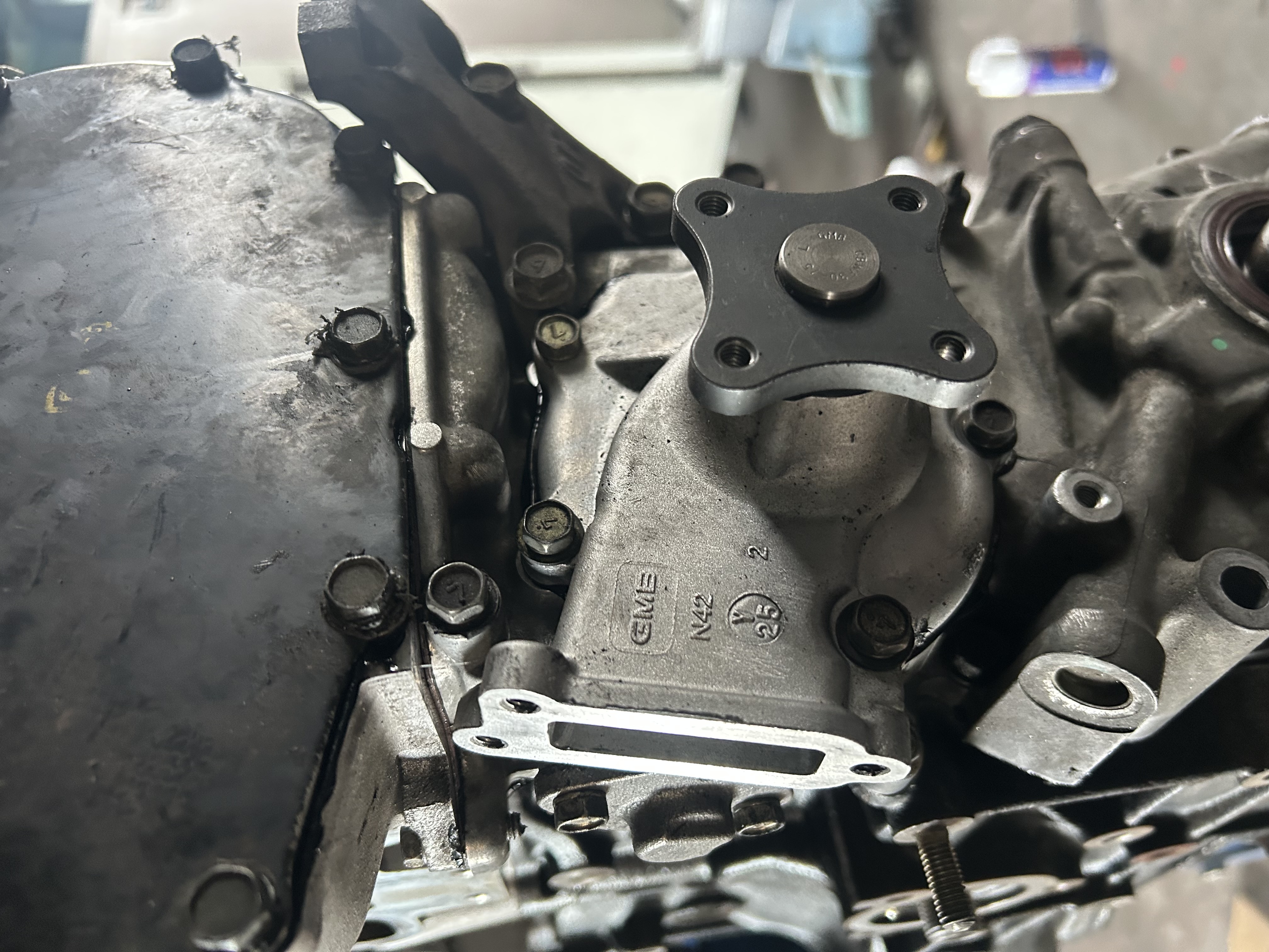 The water-pump area after installation during final engine assembl