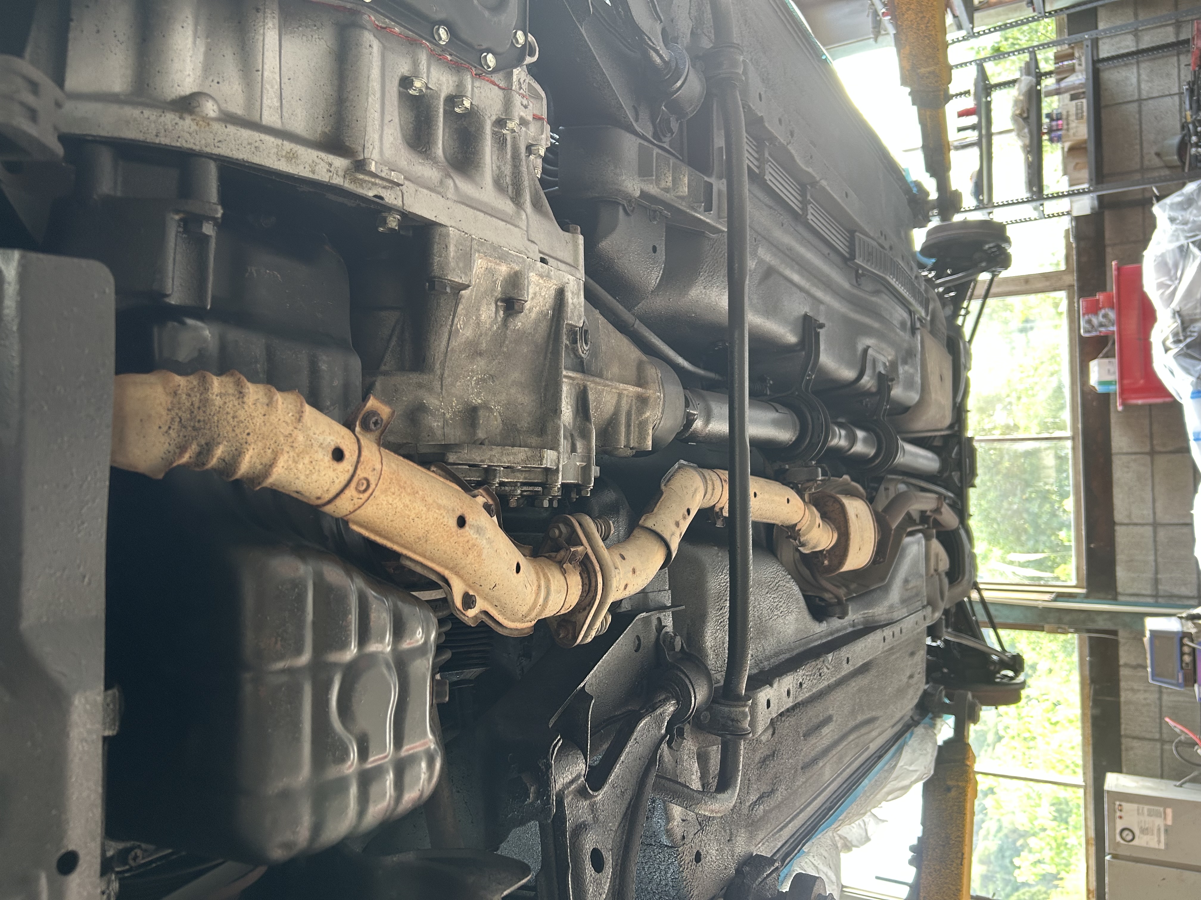 Detailed view of the front underbody and drivetrain area